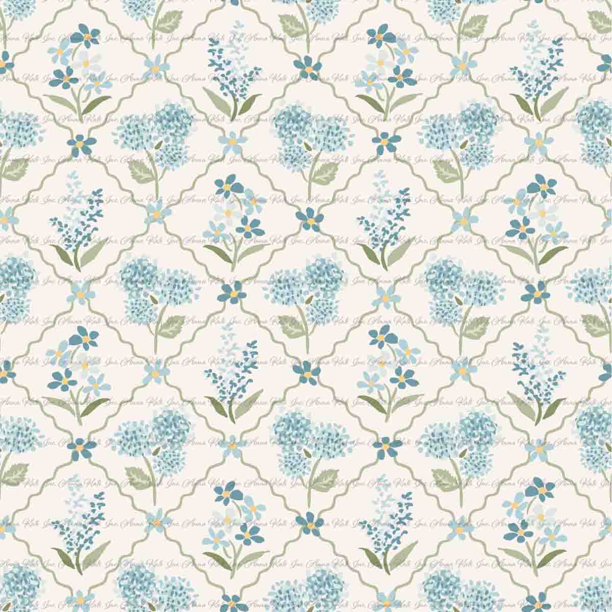 Garden's Joy: Floral Trellis in Blue | Chickadee Unbrushed Rib Knit Fabric