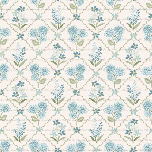 Garden's Joy: Floral Trellis in Blue | Chickadee Unbrushed Rib Knit Fabric
