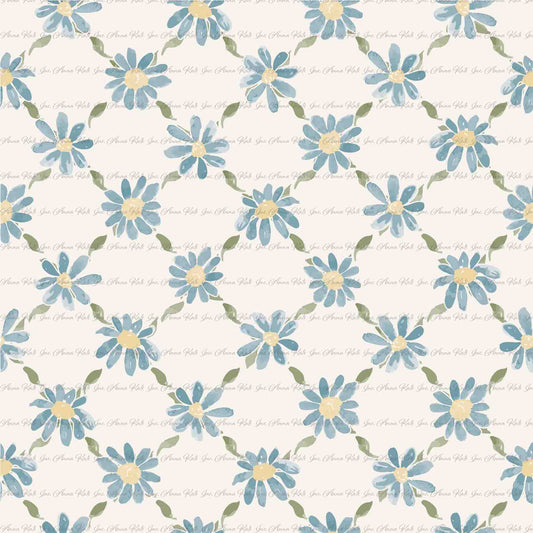 Garden's Joy: Grid Floral in Blue | Chickadee Unbrushed Rib Knit Fabric