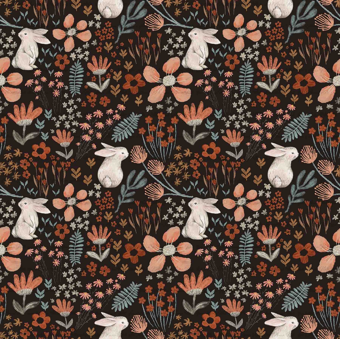 Spring Bunnies: Bunnies on Deep Brown | Chickadee Unbrushed Rib Knit Fabric