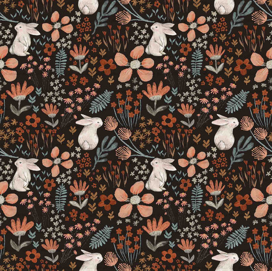 Spring Bunnies: Bunnies on Deep Brown | Chickadee Unbrushed Rib Knit Fabric