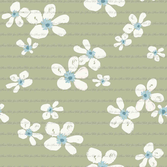 Garden's Joy: Scattered Daisies in Sage | Chickadee Unbrushed Rib Knit Fabric